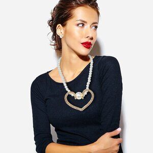 Bold Heart Pendant Pearl Beaded Statement Necklace & matching stud earrings